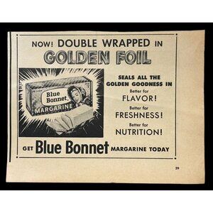 Blue Bonnet Margarine Print Ad Vintage 1955 Golden Foil Baking Kitchen Dairy